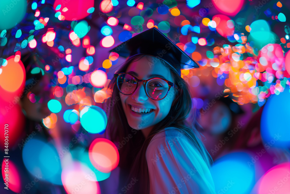 A professional photo capturing a female student wearing glasses and a graduation cap, joyfully celebrating her graduation at a party. She smiles wide, surrounded by colorful lights A professional photo capturing a female student wearing glasses and a graduation cap, joyfully celebrating her graduation at a party. She smiles wide, surrounded by colorful lights