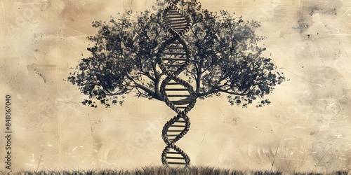 Clean family tree drawing with intertwined DNA symbolizing ancestry and heritage. Concept Genealogy, Family History, Ancestral Connections, Heritage Symbolism, Tree of Life