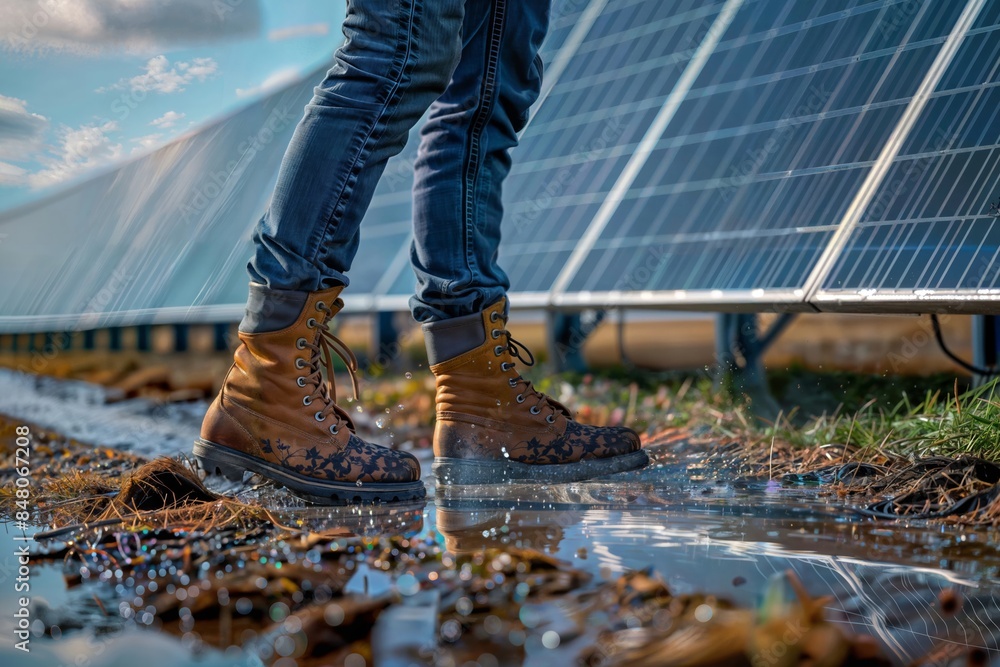 Close-up of work boots with unique patterns reflecting on a wet surface, with solar panels and cloudy sky in the background, conveying an industrial yet eco-friendly vibe. Close-up of work boots with unique patterns reflecting on a wet surface, with solar panels and cloudy sky in the background, conveying an industrial yet eco-friendly vibe.