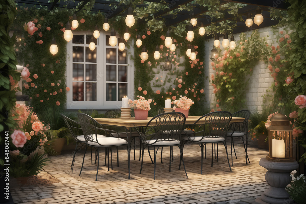Obraz premium An elegantly set outdoor dining area with a long table adorned with orange floral arrangements and string lights