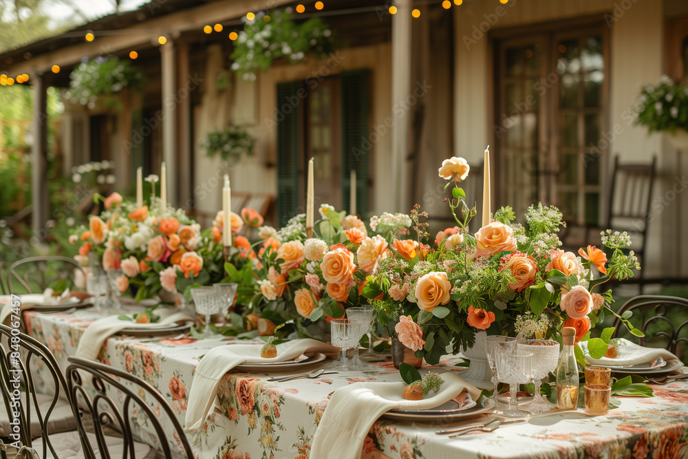 An elegantly set outdoor dining area with a long table adorned with orange floral arrangements and string lights