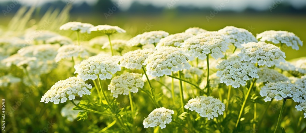 Achillea millefolium common yarrow or common yarrow medicinal plant Wildflowers in the meadow on a sunny summer day. Creative banner. Copyspace image