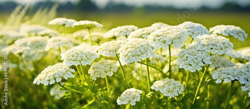Fototapeta Naklejka Na Ścianę i Meble -  Achillea millefolium common yarrow or common yarrow medicinal plant Wildflowers in the meadow on a sunny summer day. Creative banner. Copyspace image