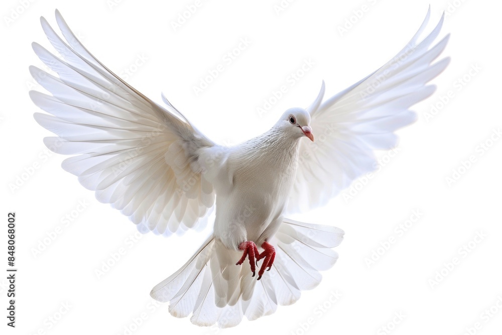 Fototapeta premium A peaceful white dove soaring through the air with its wings outstretched