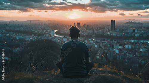 photo of a man sits on a ravine overlooking the city with his back to the camera