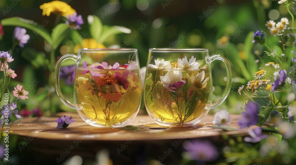 Two glasses of tea with flowers inside, perfect for a cozy moment or a relaxing atmosphere Two glasses of tea with flowers inside, perfect for a cozy moment or a relaxing atmosphere