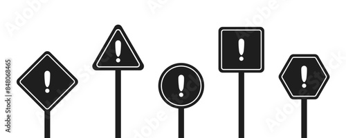 Set of round, square, rhombic, triangular and hexagonal black road signs with exclamation point. Caution sign. Vector icons for warning about the situation on the road. White isolated background
