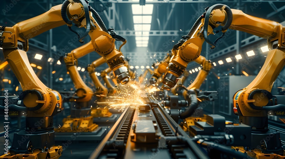 Industrial Robots Assembling in a Factory Industrial Robots Assembling in a Factory