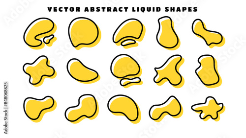 Outline blob shapes, fluid or liquid round abstract elements. Black and yellow simple blotch water forms. Flat vector illustration.