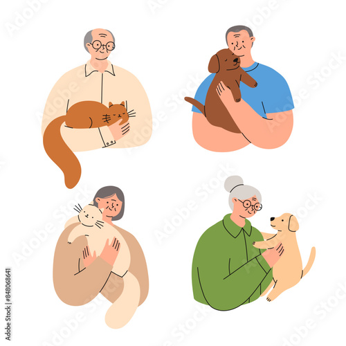 Elderly people with their pets cats and dogs. Happy domestic animal owners. Flat vector illustrations.