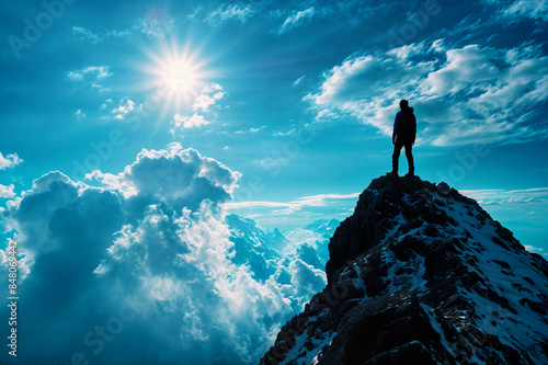 Silhouette of a Lone Adventurer Standing on a Mountain Peak Under Bright Sunlight and Clear Sky, Symbolizing Achievement and Freedom