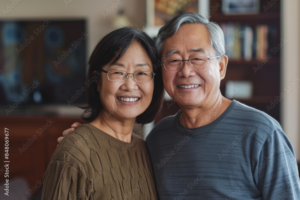 Portrait of a satisfied asian couple in their 60s sporting a long-sleeved thermal undershirt over stylized simple home office background Portrait of a satisfied asian couple in their 60s sporting a long-sleeved thermal undershirt over stylized simple home office background