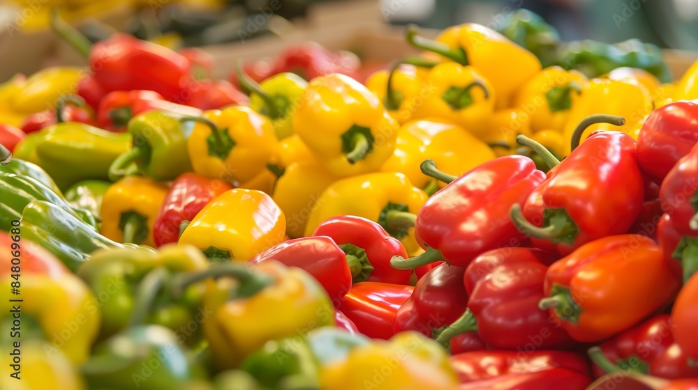 Variety of peppers at a market, close focus, no humans, colorful palette. Variety of peppers at a market, close focus, no humans, colorful palette.