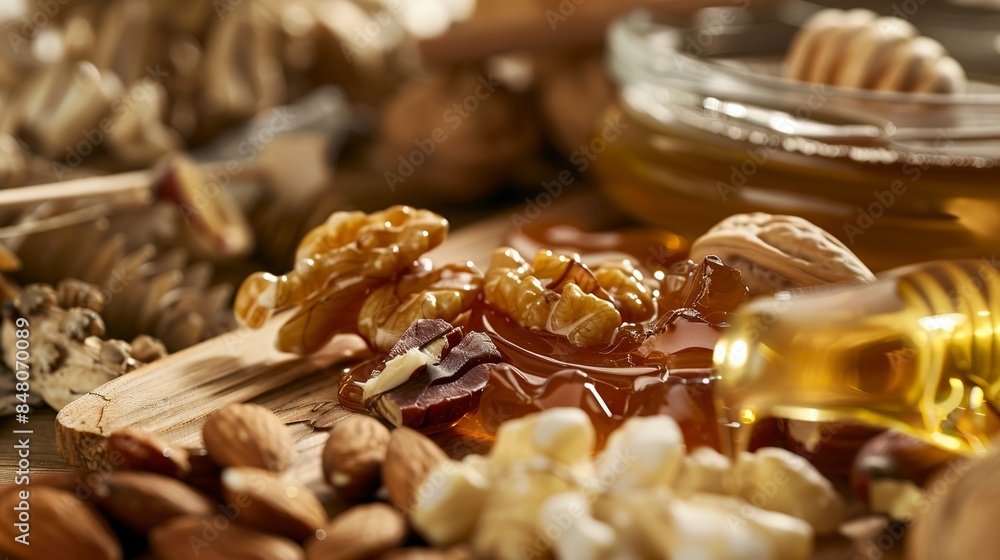 Organic honey and nuts display, close-up shot, no people, focus on glossy and rough textures. Organic honey and nuts display, close-up shot, no people, focus on glossy and rough textures.