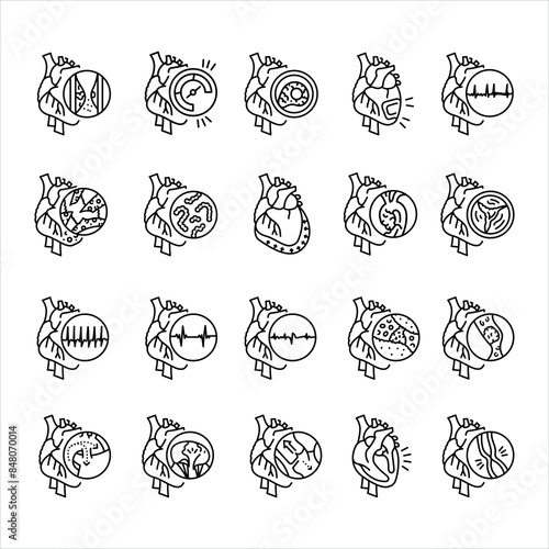 Cardiac diseases line black icons set. Signs for web page