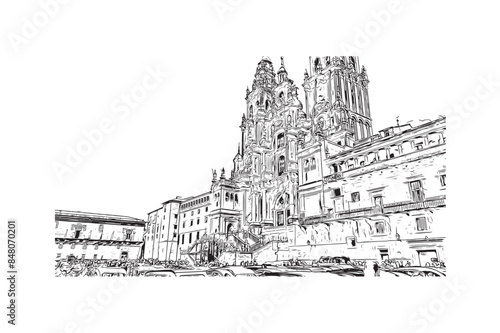 Print Building view with landmark of 
Santiago de Compostela is the city in Spain. Hand drawn sketch illustration in vector.