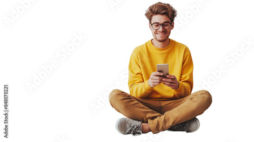 Transparent background showcases a man sitting on the floor, cheerfully engrossed in his smartphone.