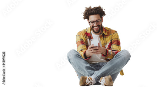 Joyful man sitting on a white floor, captivated by his phone, against a transparent backdrop.