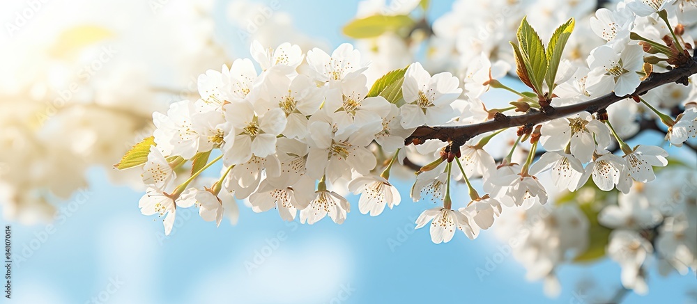 Flowering cherry trees beautiful white flowers. Creative banner. Copyspace image Flowering cherry trees beautiful white flowers. Creative banner. Copyspace image