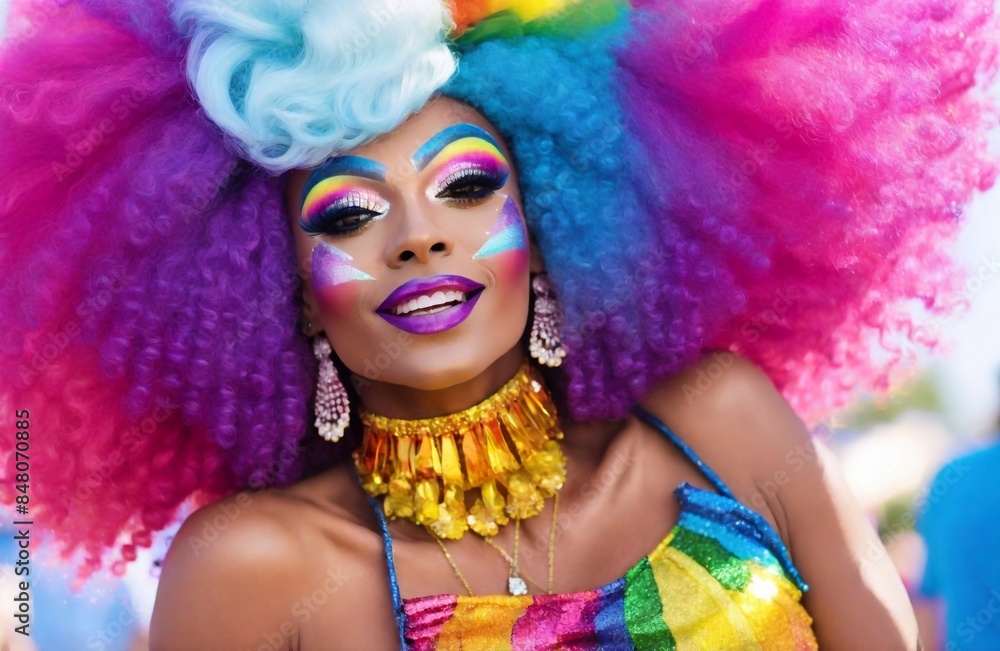 Happy black drag queen celebrating pride. African american woman in rainbow afro clown wig & glitter makeup celebrating LGBTQ Happy black drag queen celebrating pride. African american woman in rainbow afro clown wig & glitter makeup celebrating LGBTQ
