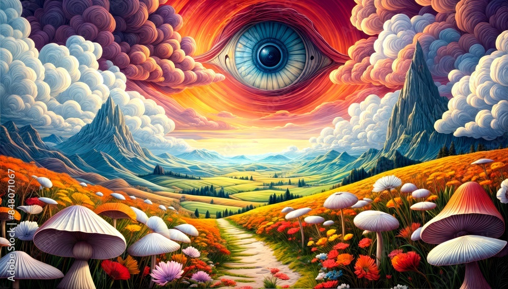 Craft a Dreamy Scene of Giant Eye, Colorful Clouds, and a Psychedelic Landscape Craft a Dreamy Scene of Giant Eye, Colorful Clouds, and a Psychedelic Landscape