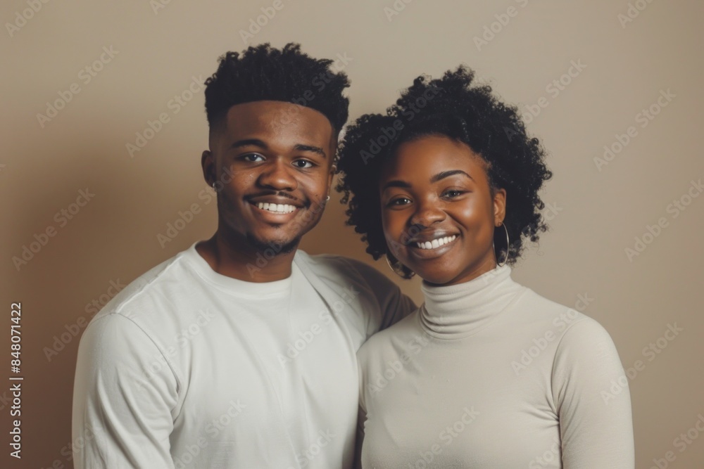 Portrait of a smiling afro-american couple in their 20s sporting a long-sleeved thermal undershirt in plain cyclorama studio wall Portrait of a smiling afro-american couple in their 20s sporting a long-sleeved thermal undershirt in plain cyclorama studio wall