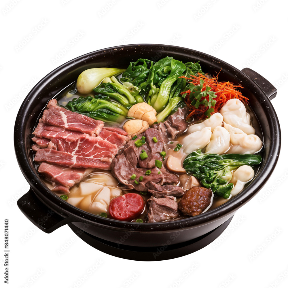 Japanese traditional hot pot, Fresh beef slices with ingredients for Japanese shabu-shabu or Sukiyaki. Isolated on transparent background Japanese traditional hot pot, Fresh beef slices with ingredients for Japanese shabu-shabu or Sukiyaki. Isolated on transparent background