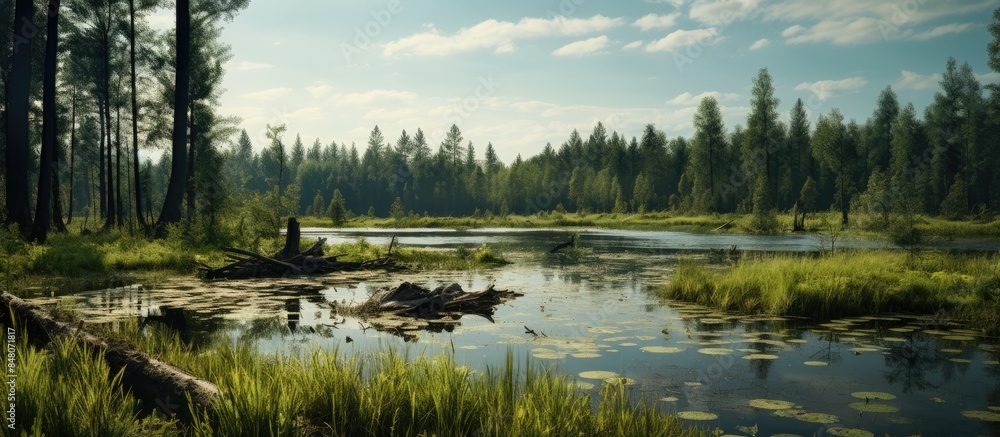 Swamp in field by the forest. Creative banner. Copyspace image Swamp in field by the forest. Creative banner. Copyspace image