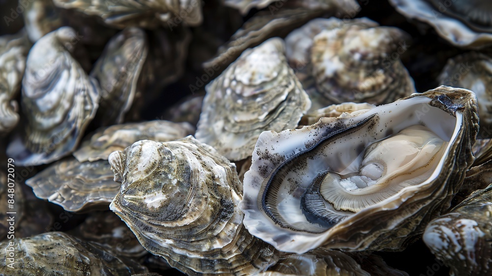 Close-up of a pile of fresh oysters, detailed shells with rough textures, soft natural light, detailed and oceanic. Close-up of a pile of fresh oysters, detailed shells with rough textures, soft natural light, detailed and oceanic.