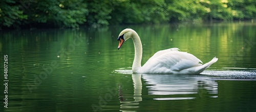 Fototapeta Naklejka Na Ścianę i Meble -  Swan on the green lake. Creative banner. Copyspace image
