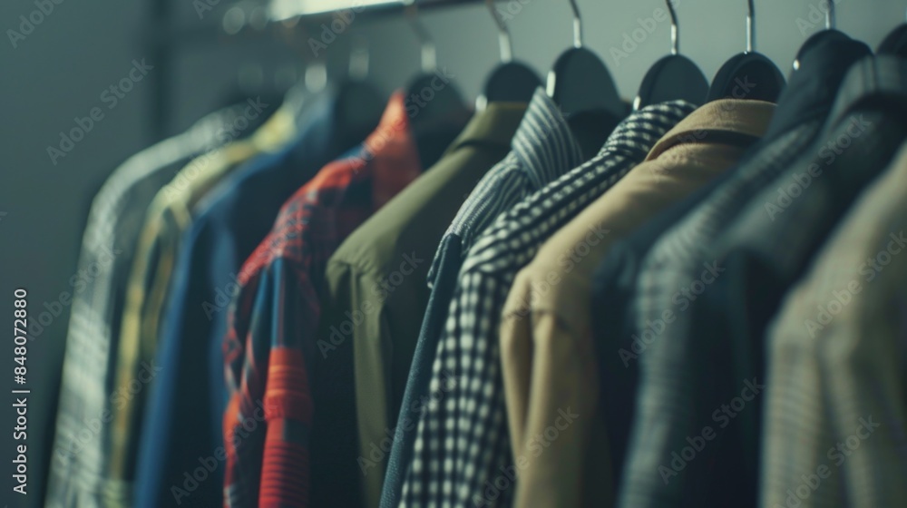 Shirts displayed on a rack, various colors and styles