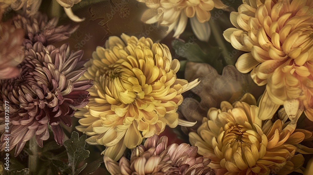 Close-up of a bunch of chrysanthemums, detailed textures and varied colors, soft light, fresh and decorative. Close-up of a bunch of chrysanthemums, detailed textures and varied colors, soft light, fresh and decorative.