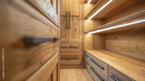 A beautifully designed wooden pantry featuring illuminated shelves and sleek cabinets for organized storage and modern kitchen aesthetics. photo