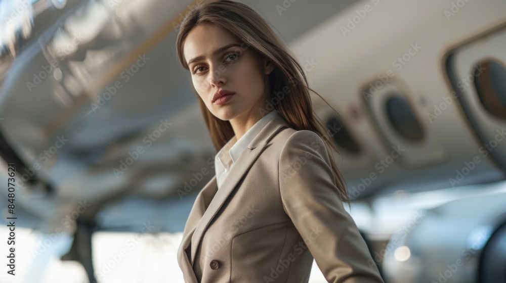 A woman in a business suit standing in front of an airplane, ideal for office or travel-themed images A woman in a business suit standing in front of an airplane, ideal for office or travel-themed images