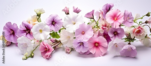 Mallow flower white pink purple large size pistil stamen pollen for design background. Creative banner. Copyspace image