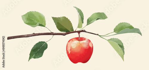 A shiny red apple hanging from a tree branch. Vector flat minimalistic isolated illustration.