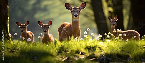 Roe deer capreolus capreolus herd in spring. Creative banner. Copyspace image photo