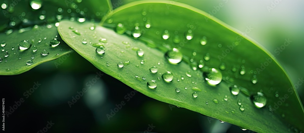 Beautiful natural fresh background of green leaf with holes bone lines Dew drops on a leaves surface. Creative banner. Copyspace image Beautiful natural fresh background of green leaf with holes bone lines Dew drops on a leaves surface. Creative banner. Copyspace image