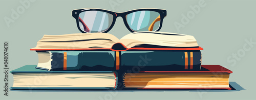 Stack of books with a pair of glasses resting on top. Vector flat minimalistic isolated illustration.