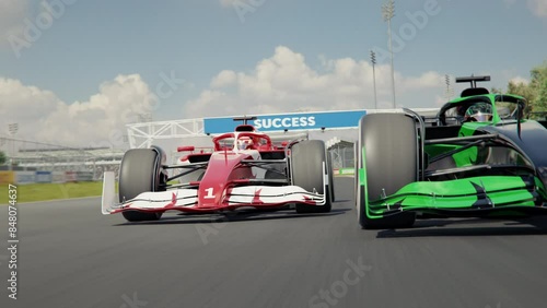 Wallpaper Mural Zoom out of nose of car with number 1 to reveal a generic formula one race car overtaking another car. Dynamic front view shot. 3d animation rendering Torontodigital.ca