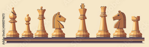 Classic wooden chess set on board Vector flat minimalistic isolated illustration