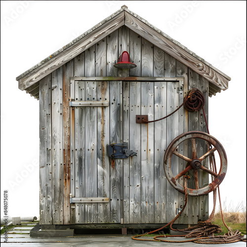 old boat winch by a wooden shed on the coast isolated on white background, space for captions, png photo