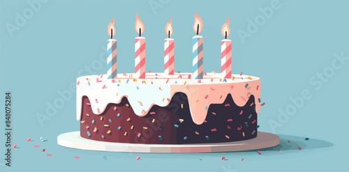 A festive birthday cake, its candles lit, ready to make a wish, representing celebration and joy, resting on a clean white surface. Vector flat minimalistic isolated illustration.