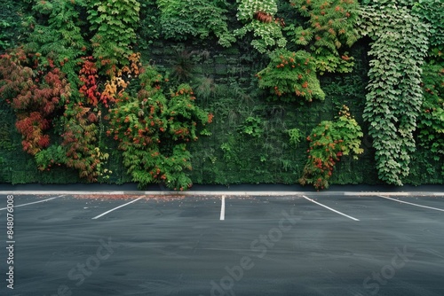 A parking lot with lush green plants covering the wall, great for backgrounds and urban settings