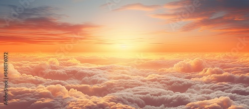 Orange sunset Sun rising over cloudscape sky aerial view. Creative banner. Copyspace image