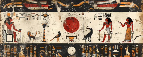 Ancient Egyptian hieroglyphs on weathered stone walls Vector flat minimalistic isolated illustration