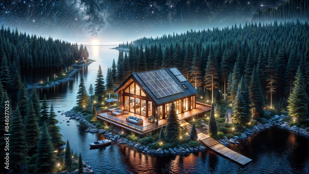 Fototapeta premium Escape to this serene lakeside cabin, nestled among towering pines with a solar-powered roof, illuminated by the enchanting twilight sky.