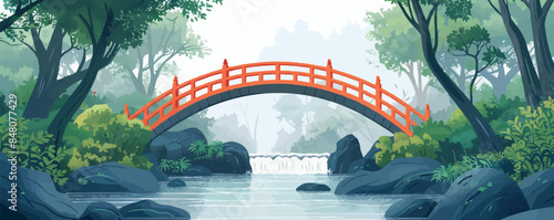 Whimsical fairytale bridge over a tranquil stream Vector flat minimalistic isolated illustration
