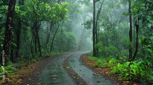 Serene Forest Path in Gentle Rain with Glistening Raindrops and Misty Atmosphere