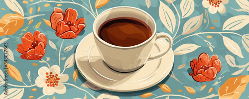 Cup of aromatic coffee on a patterned coaster. Vector flat minimalistic isolated illustration.